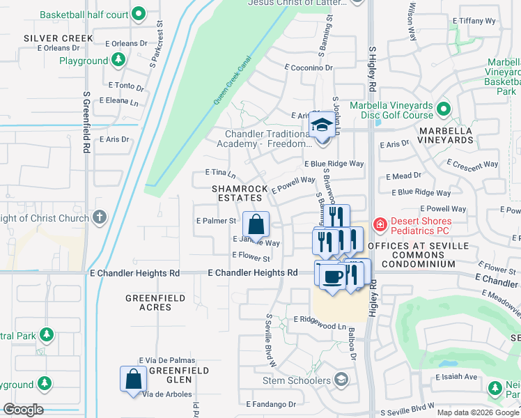 map of restaurants, bars, coffee shops, grocery stores, and more near 6233 South Rochester Drive in Gilbert