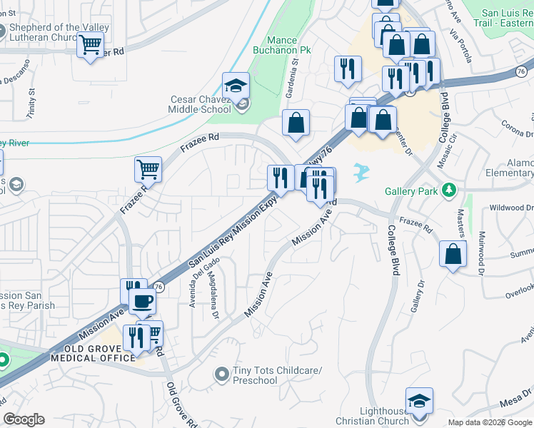 map of restaurants, bars, coffee shops, grocery stores, and more near 4765 Lagunita Way in Oceanside