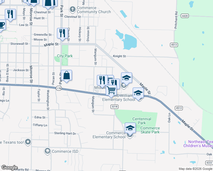 map of restaurants, bars, coffee shops, grocery stores, and more near 720 Culver Street in Commerce