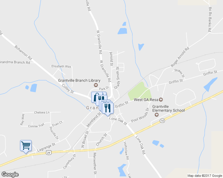 map of restaurants, bars, coffee shops, grocery stores, and more near 0 Grady Smith Street in Grantville