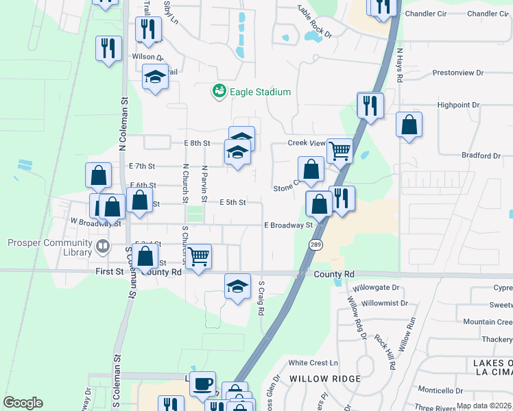 map of restaurants, bars, coffee shops, grocery stores, and more near 105 North Craig Road in Prosper