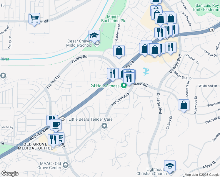 map of restaurants, bars, coffee shops, grocery stores, and more near 4765 Lagunita Way in Oceanside