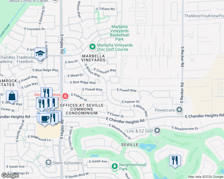 map of restaurants, bars, coffee shops, grocery stores, and more near 3501 East Powell Way in Gilbert