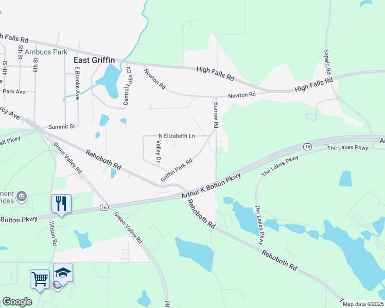 map of restaurants, bars, coffee shops, grocery stores, and more near 217 Griffin Park Road in Griffin