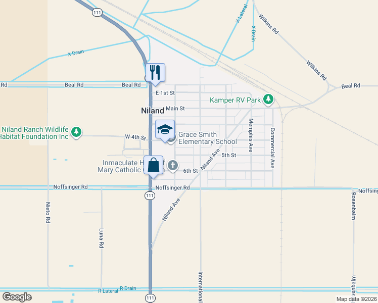 map of restaurants, bars, coffee shops, grocery stores, and more near 104 5th Street in Niland