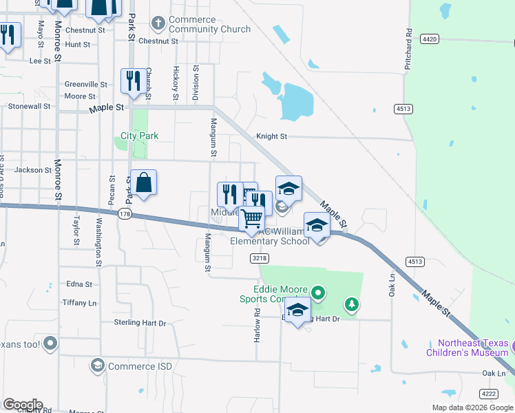 map of restaurants, bars, coffee shops, grocery stores, and more near 2009 Solomon Drive in Commerce