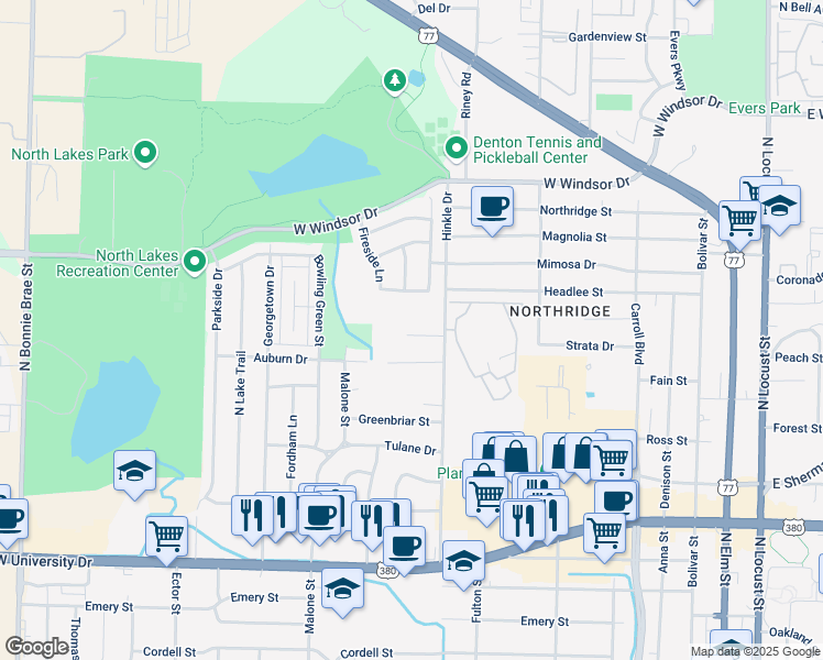 map of restaurants, bars, coffee shops, grocery stores, and more near 1214 Meadow Ridge Drive in Denton