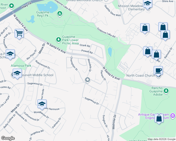 map of restaurants, bars, coffee shops, grocery stores, and more near 5251 Hubbert Street in Oceanside