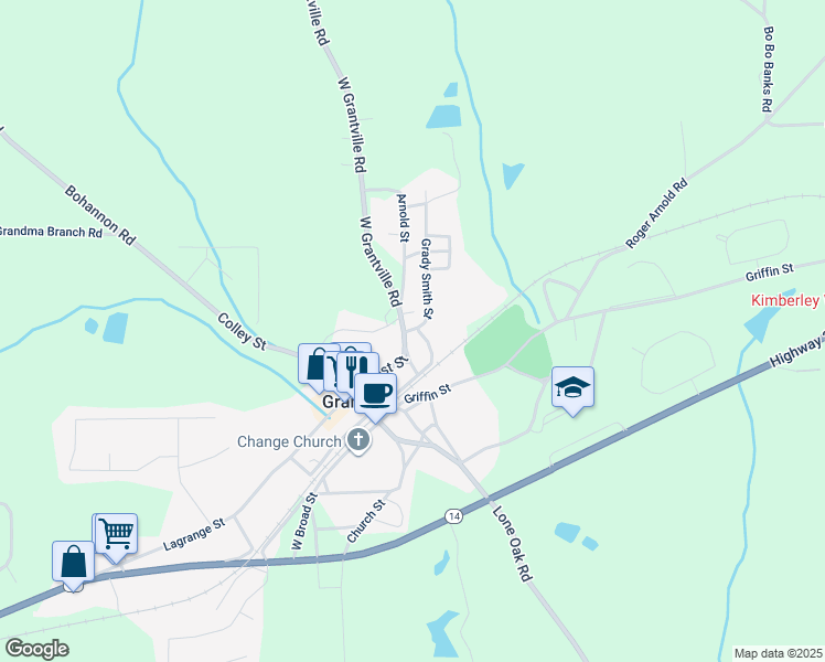 map of restaurants, bars, coffee shops, grocery stores, and more near 9 Grady Smith Street in Grantville