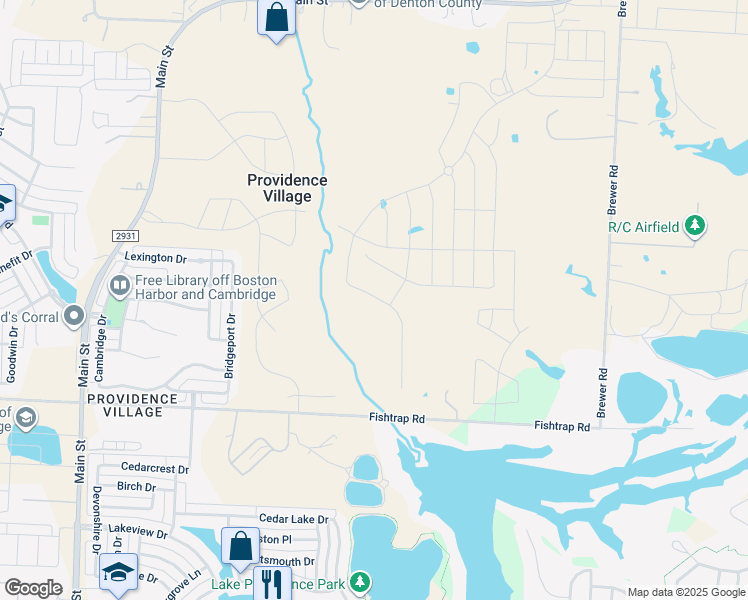 map of restaurants, bars, coffee shops, grocery stores, and more near 18082 Fishtrap Road in Aubrey