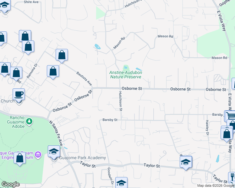 map of restaurants, bars, coffee shops, grocery stores, and more near 2344 Hutchison Street in Vista