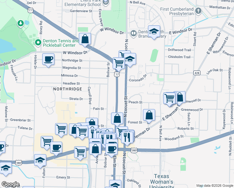 map of restaurants, bars, coffee shops, grocery stores, and more near 2503 North Elm Street in Denton