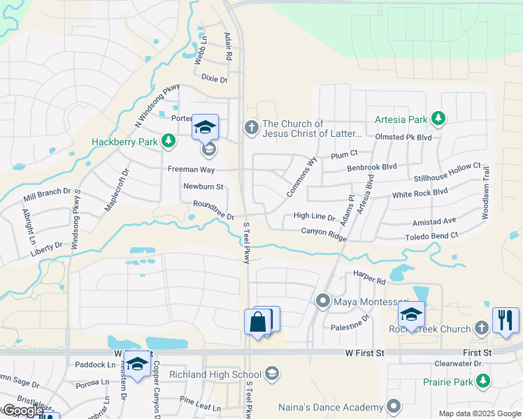 map of restaurants, bars, coffee shops, grocery stores, and more near 1535 Commons Way in Prosper
