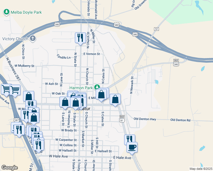 map of restaurants, bars, coffee shops, grocery stores, and more near 402 East Ash Street in Decatur