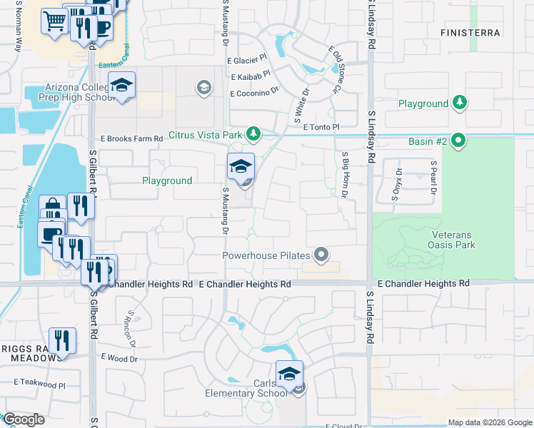 map of restaurants, bars, coffee shops, grocery stores, and more near 3648 East Lynx Place in Chandler