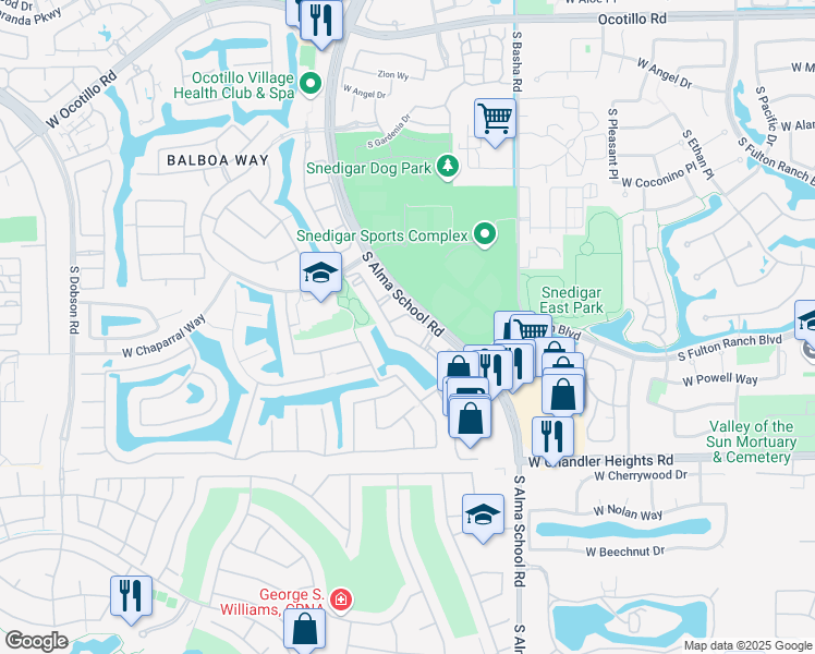 map of restaurants, bars, coffee shops, grocery stores, and more near 4800 South Alma School Road in Chandler