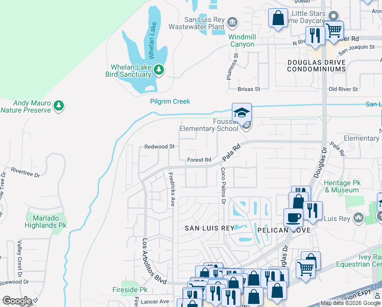 map of restaurants, bars, coffee shops, grocery stores, and more near 3664 Forest Road in Oceanside