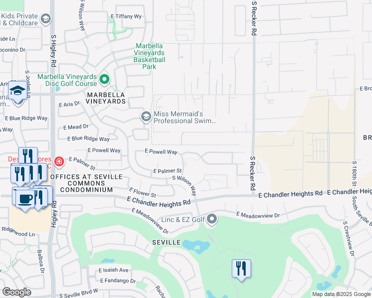 map of restaurants, bars, coffee shops, grocery stores, and more near 3736 East Powell Way in Gilbert