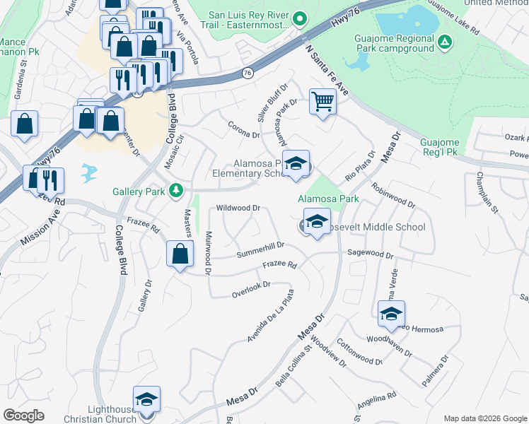map of restaurants, bars, coffee shops, grocery stores, and more near 722 Banyonwood Drive in Oceanside