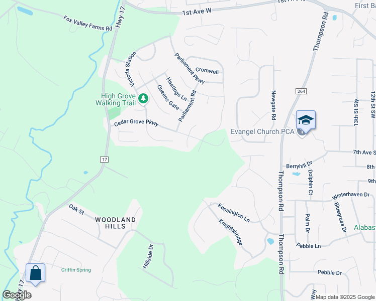map of restaurants, bars, coffee shops, grocery stores, and more near 413 Cornwall Drive in Alabaster