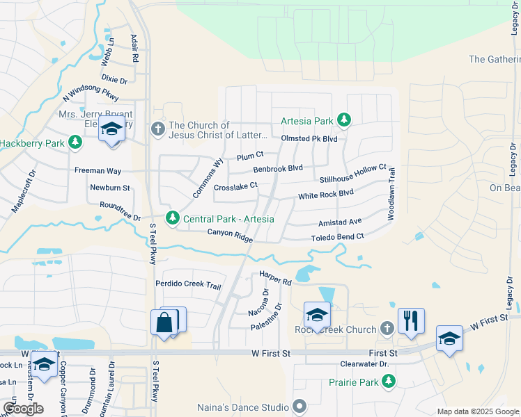 map of restaurants, bars, coffee shops, grocery stores, and more near 1620 Adams Place in Prosper