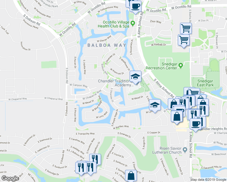 map of restaurants, bars, coffee shops, grocery stores, and more near 4702 South Oleander Drive in Chandler