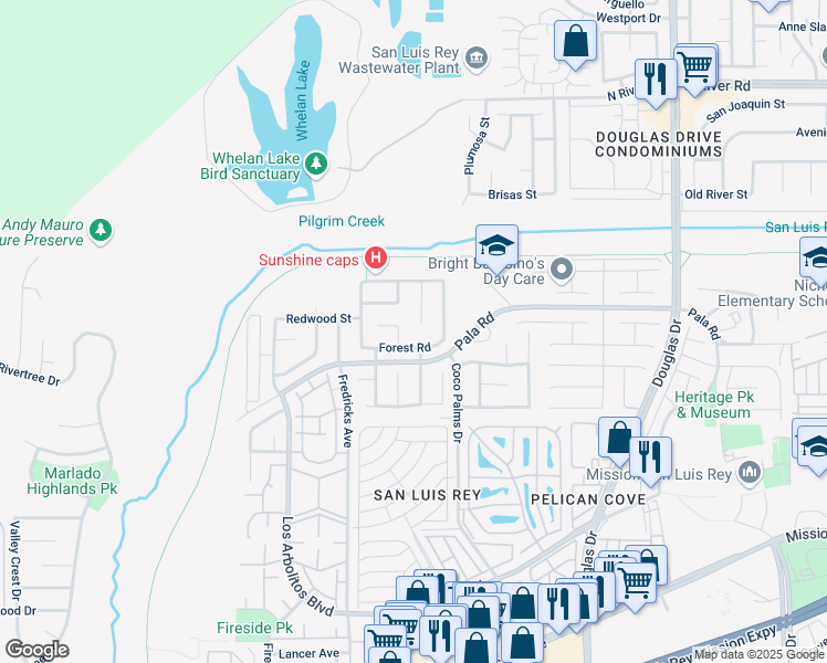 map of restaurants, bars, coffee shops, grocery stores, and more near 3692 Forest Road in Oceanside