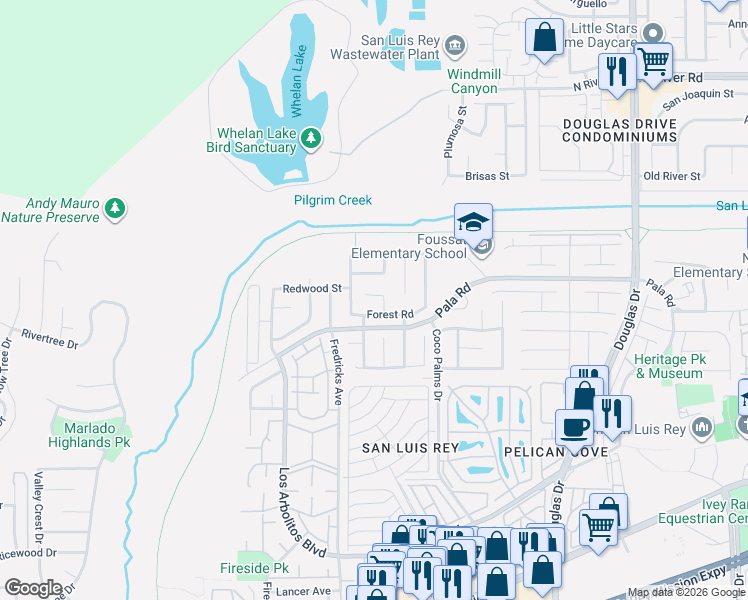 map of restaurants, bars, coffee shops, grocery stores, and more near 3664 Forest Road in Oceanside