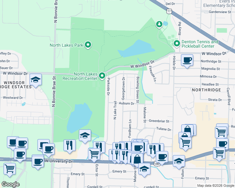 map of restaurants, bars, coffee shops, grocery stores, and more near 2212 North Lake Trail in Denton