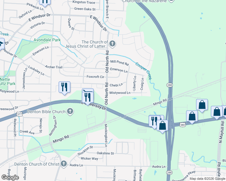 map of restaurants, bars, coffee shops, grocery stores, and more near 2713 Mistywood Lane in Denton