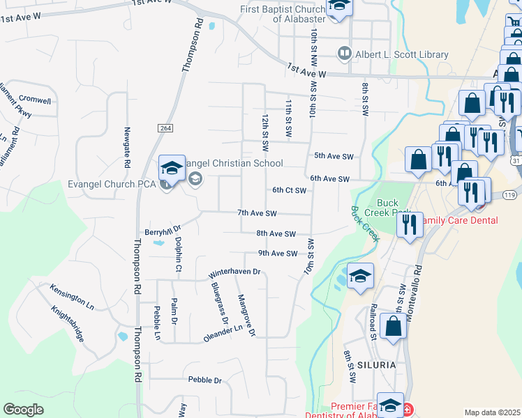 map of restaurants, bars, coffee shops, grocery stores, and more near 546 12th Street Southwest in Alabaster