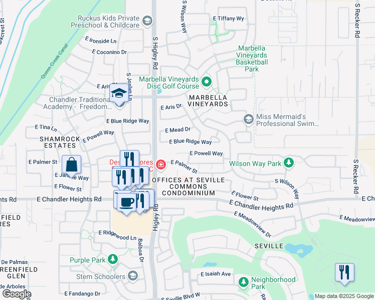 map of restaurants, bars, coffee shops, grocery stores, and more near 3365 East Powell Way in Gilbert