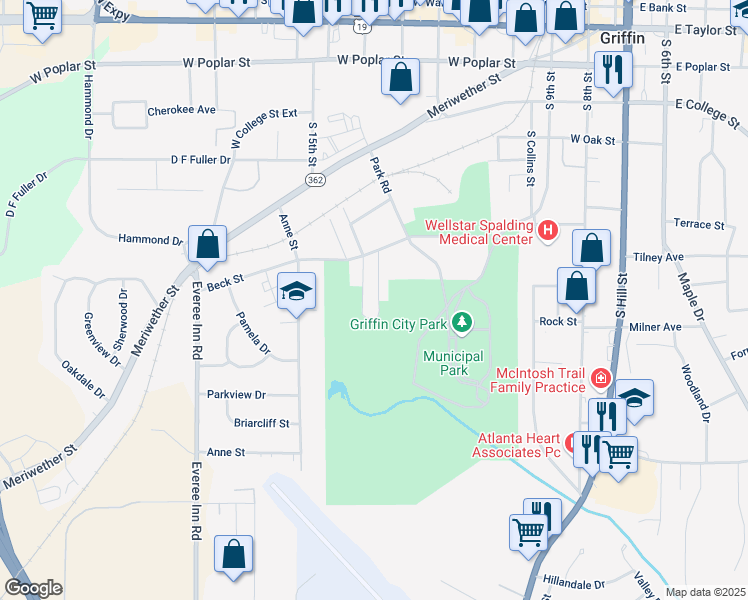 map of restaurants, bars, coffee shops, grocery stores, and more near 851 Westbrook Street in Griffin