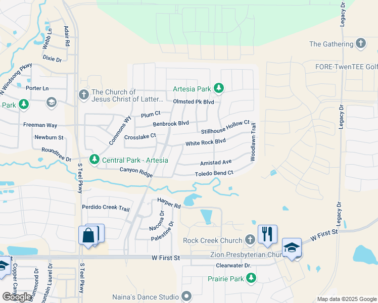 map of restaurants, bars, coffee shops, grocery stores, and more near 16313 Dry Creek Boulevard in Prosper