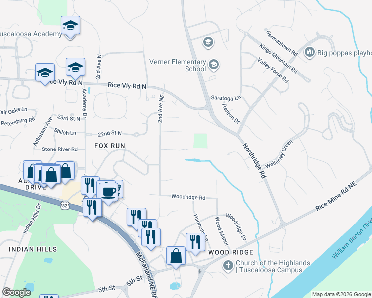map of restaurants, bars, coffee shops, grocery stores, and more near 1 Oaklana in Tuscaloosa