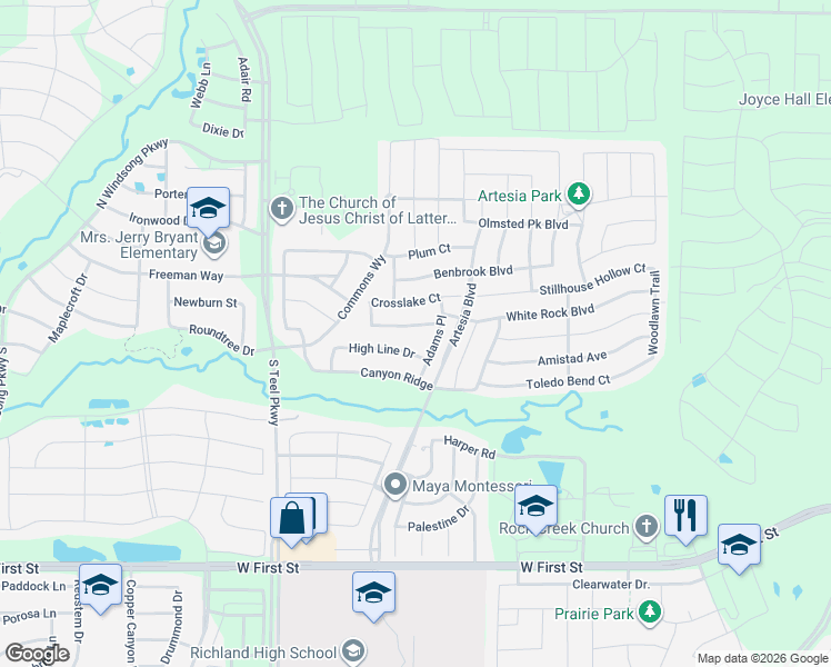 map of restaurants, bars, coffee shops, grocery stores, and more near 16017 High Line Drive in Prosper