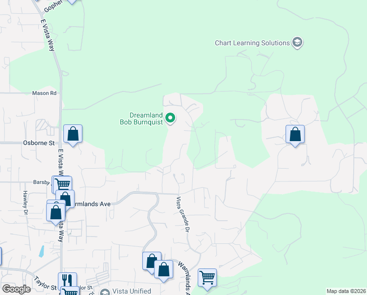 map of restaurants, bars, coffee shops, grocery stores, and more near 2394 Vista Grande Drive in Vista