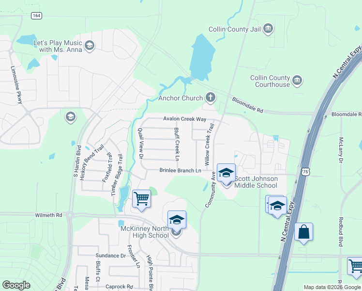 map of restaurants, bars, coffee shops, grocery stores, and more near 3608 Bluff Creek Lane in McKinney