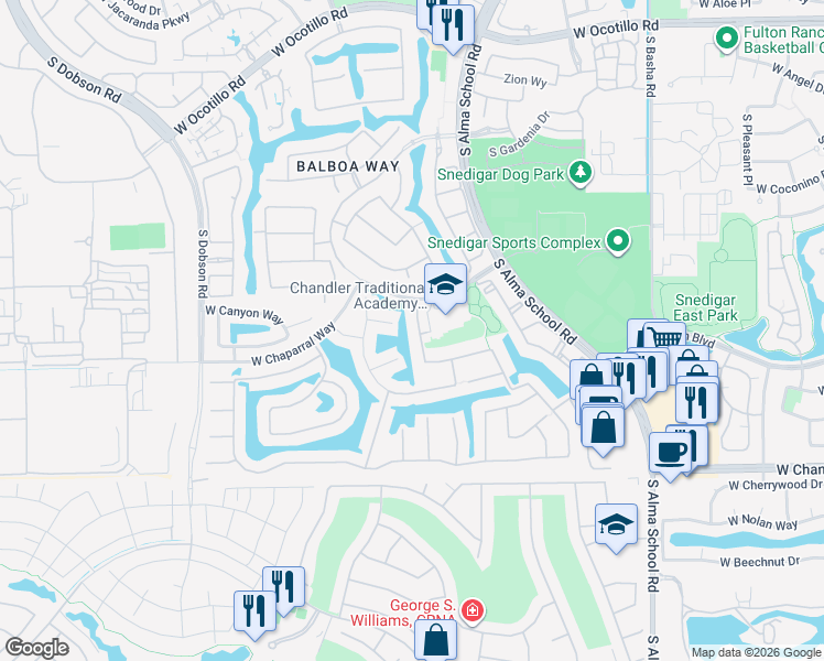 map of restaurants, bars, coffee shops, grocery stores, and more near 1552 West Mead Court in Chandler
