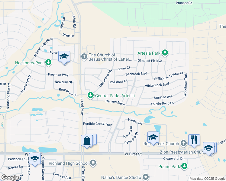 map of restaurants, bars, coffee shops, grocery stores, and more near 15905 High Line Drive in Prosper