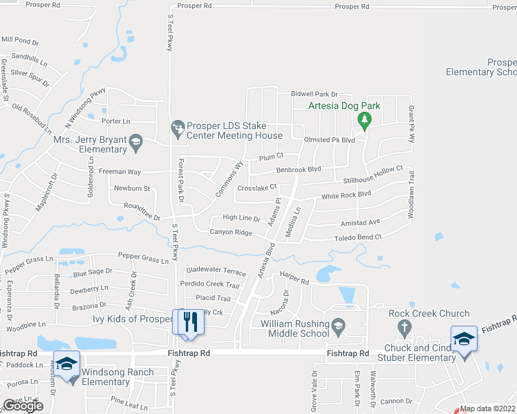 map of restaurants, bars, coffee shops, grocery stores, and more near 16004 Alvarado Drive in Prosper