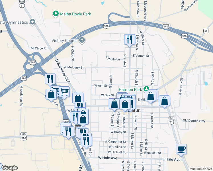 map of restaurants, bars, coffee shops, grocery stores, and more near 403 West Ash Street in Decatur