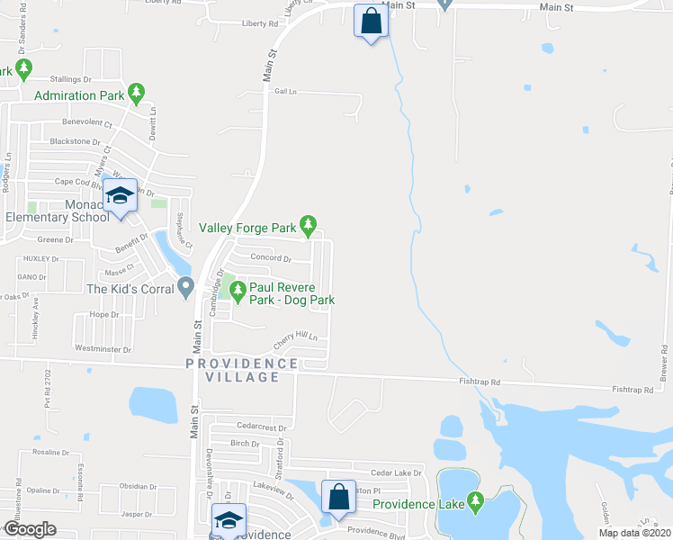 map of restaurants, bars, coffee shops, grocery stores, and more near 1920 Bridgeport Drive in Providence Village