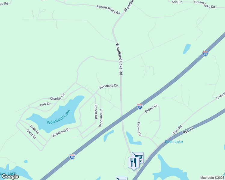 map of restaurants, bars, coffee shops, grocery stores, and more near Woodland Lake Road in McCalla