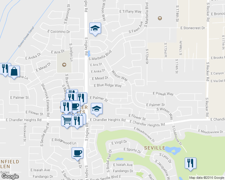 map of restaurants, bars, coffee shops, grocery stores, and more near 3365 East Powell Way in Gilbert