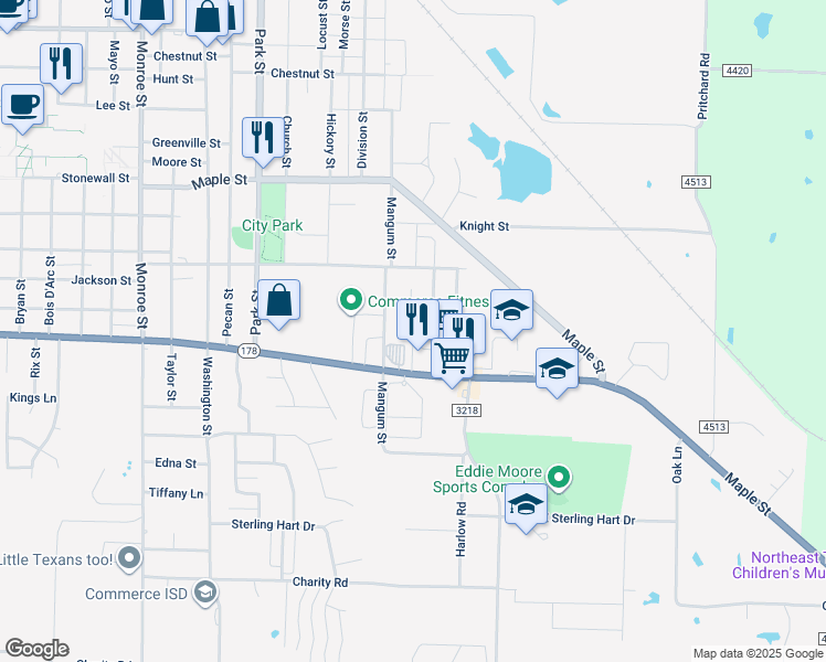 map of restaurants, bars, coffee shops, grocery stores, and more near 720 Culver Street in Commerce