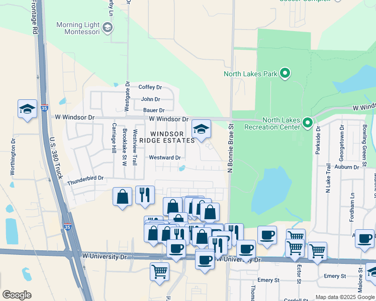 map of restaurants, bars, coffee shops, grocery stores, and more near 2200 Northway in Denton