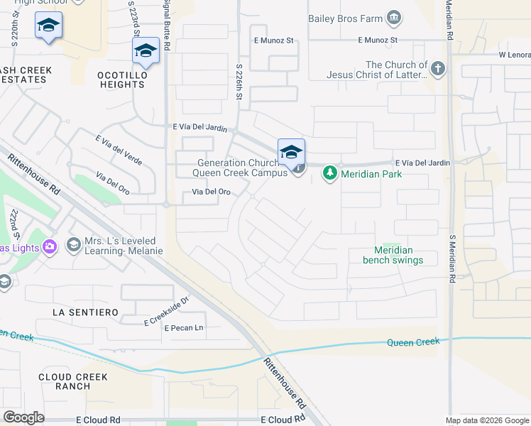 map of restaurants, bars, coffee shops, grocery stores, and more near 22737 Poco Calle in Queen Creek