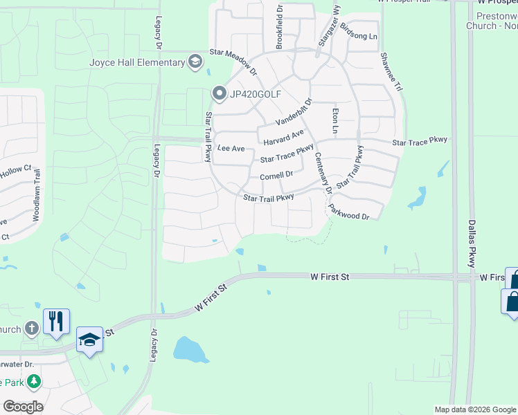 map of restaurants, bars, coffee shops, grocery stores, and more near 2076 West 1st Street in Prosper