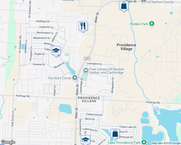 map of restaurants, bars, coffee shops, grocery stores, and more near 9930 Boston Harbor Drive in Denton County